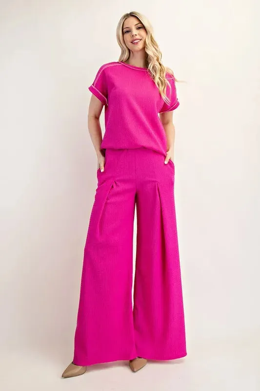 Celeste Textured Wide-Leg Pants with Pockets