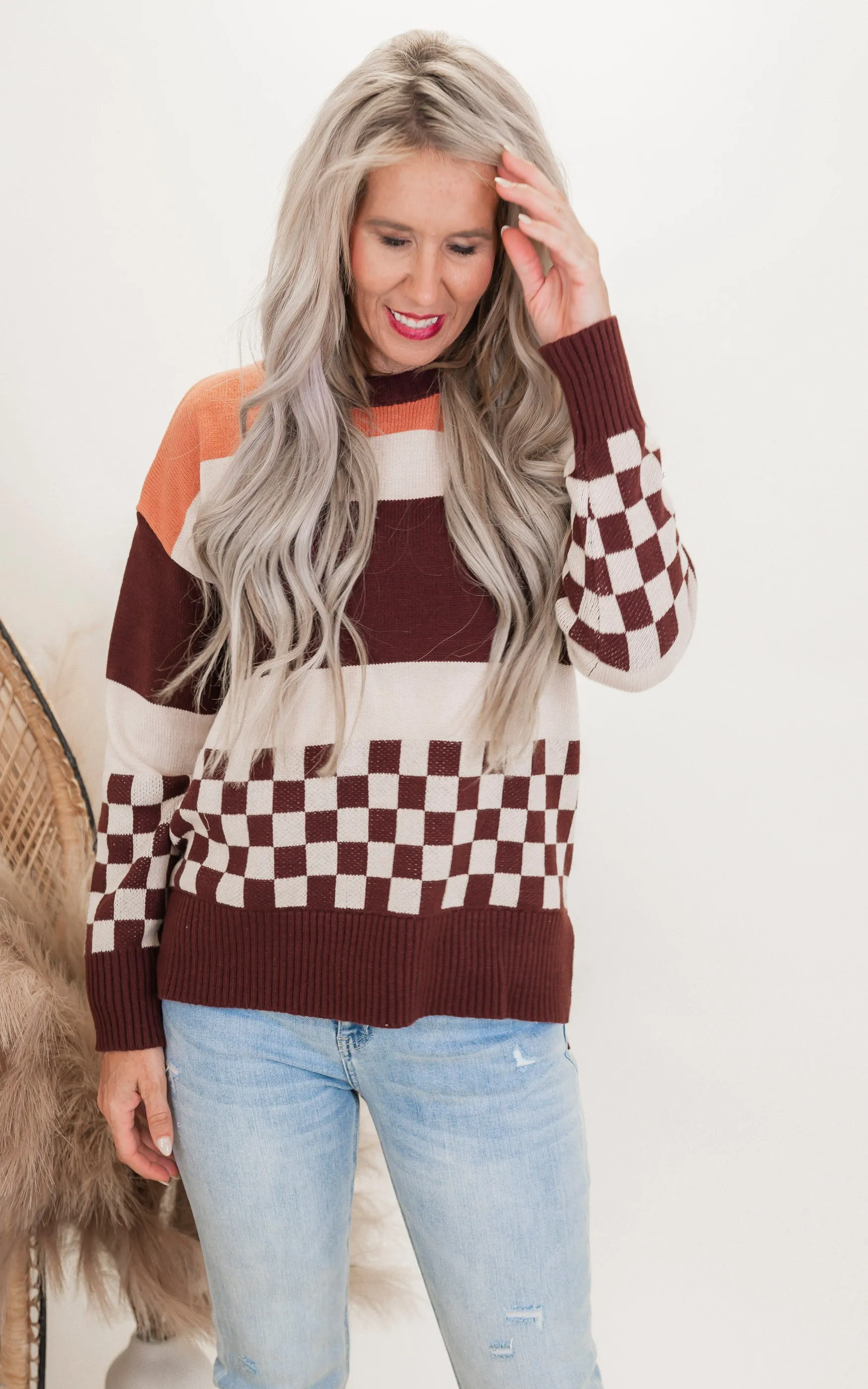 Check & Stripe Oversized Sweater Top - Final Sale