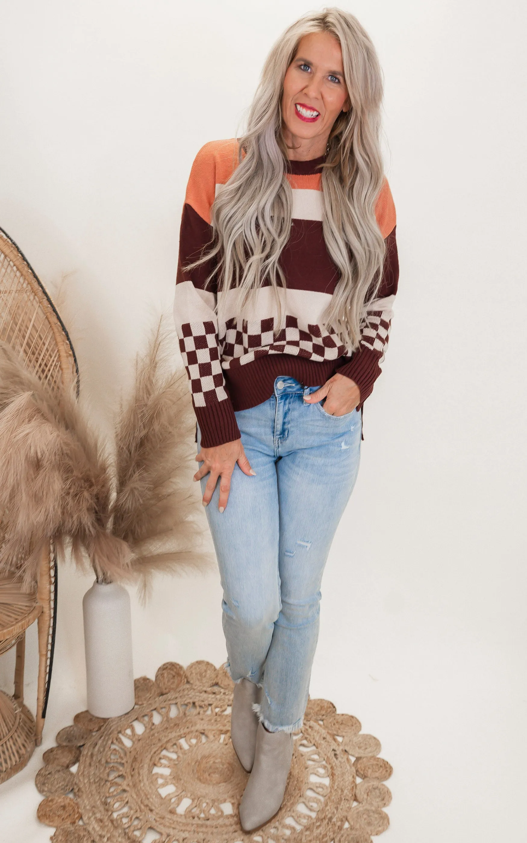Check & Stripe Oversized Sweater Top - Final Sale
