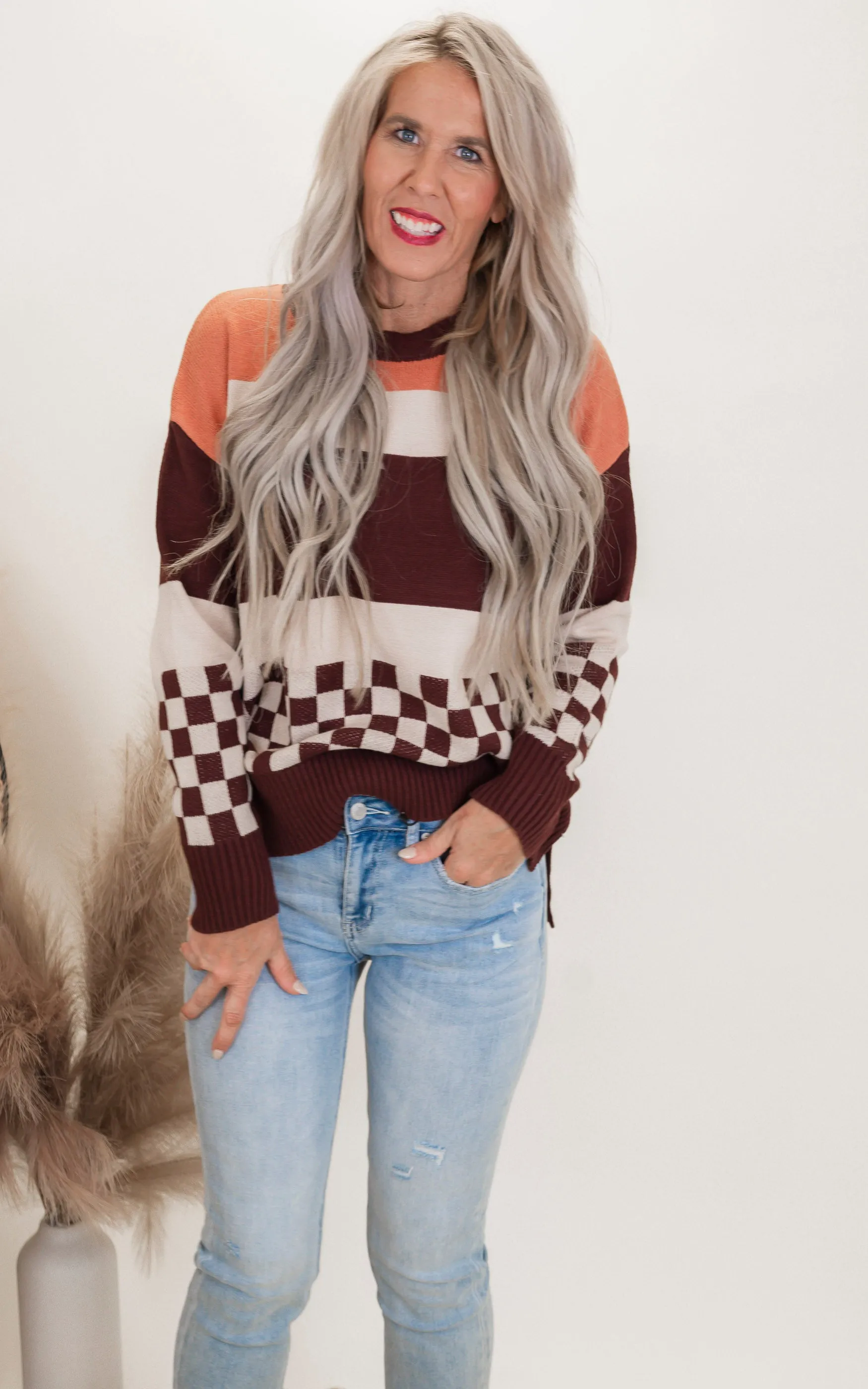 Check & Stripe Oversized Sweater Top - Final Sale