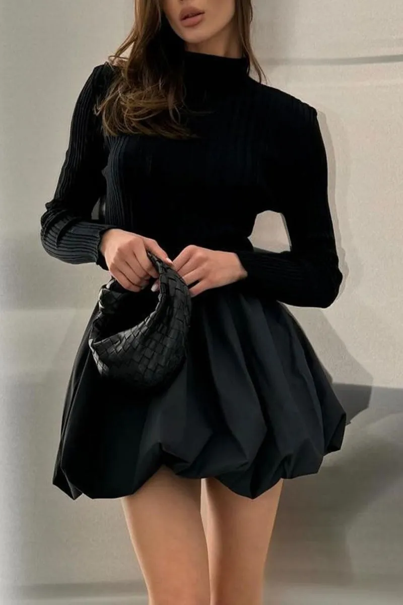 Chouyatou Women Y2k Sweater Dress Turtleneck Long Sleeve Bubble Mini Skirt Puffy Short