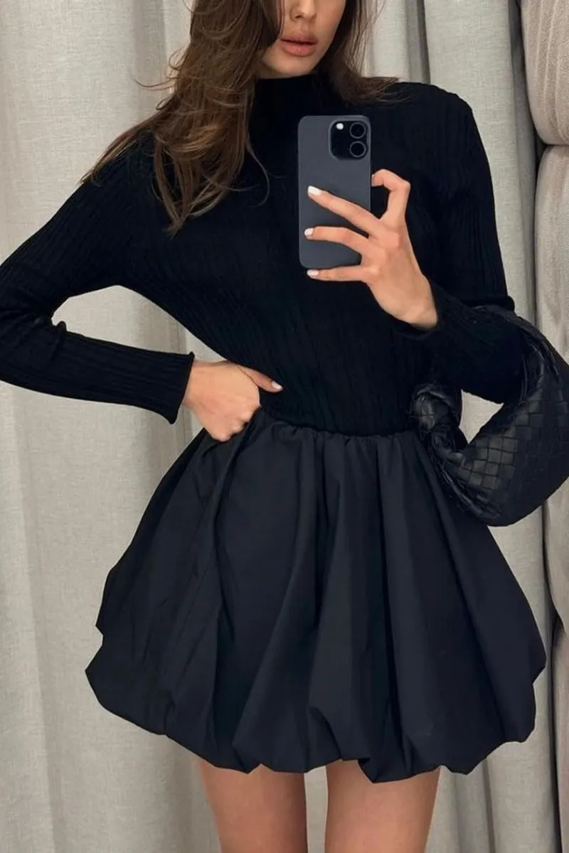 Chouyatou Women Y2k Sweater Dress Turtleneck Long Sleeve Bubble Mini Skirt Puffy Short