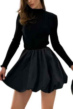 Chouyatou Women Y2k Sweater Dress Turtleneck Long Sleeve Bubble Mini Skirt Puffy Short