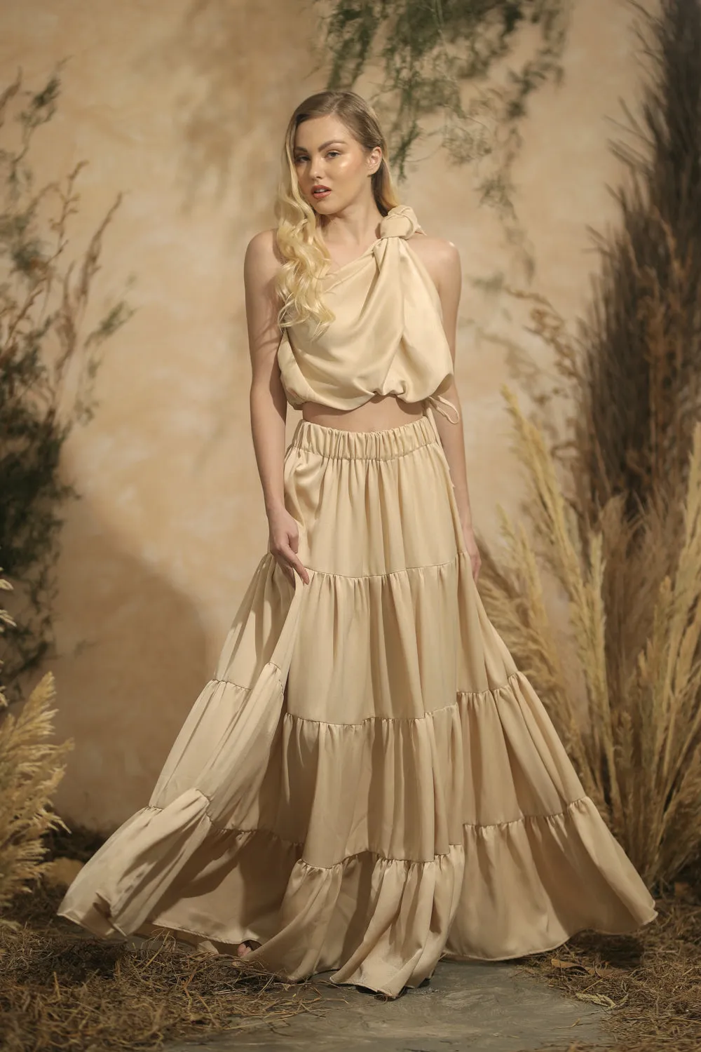 COSTA DEL SOL Twist Top with Four Layer Maxi Skirt  (Nude Italian Silk)