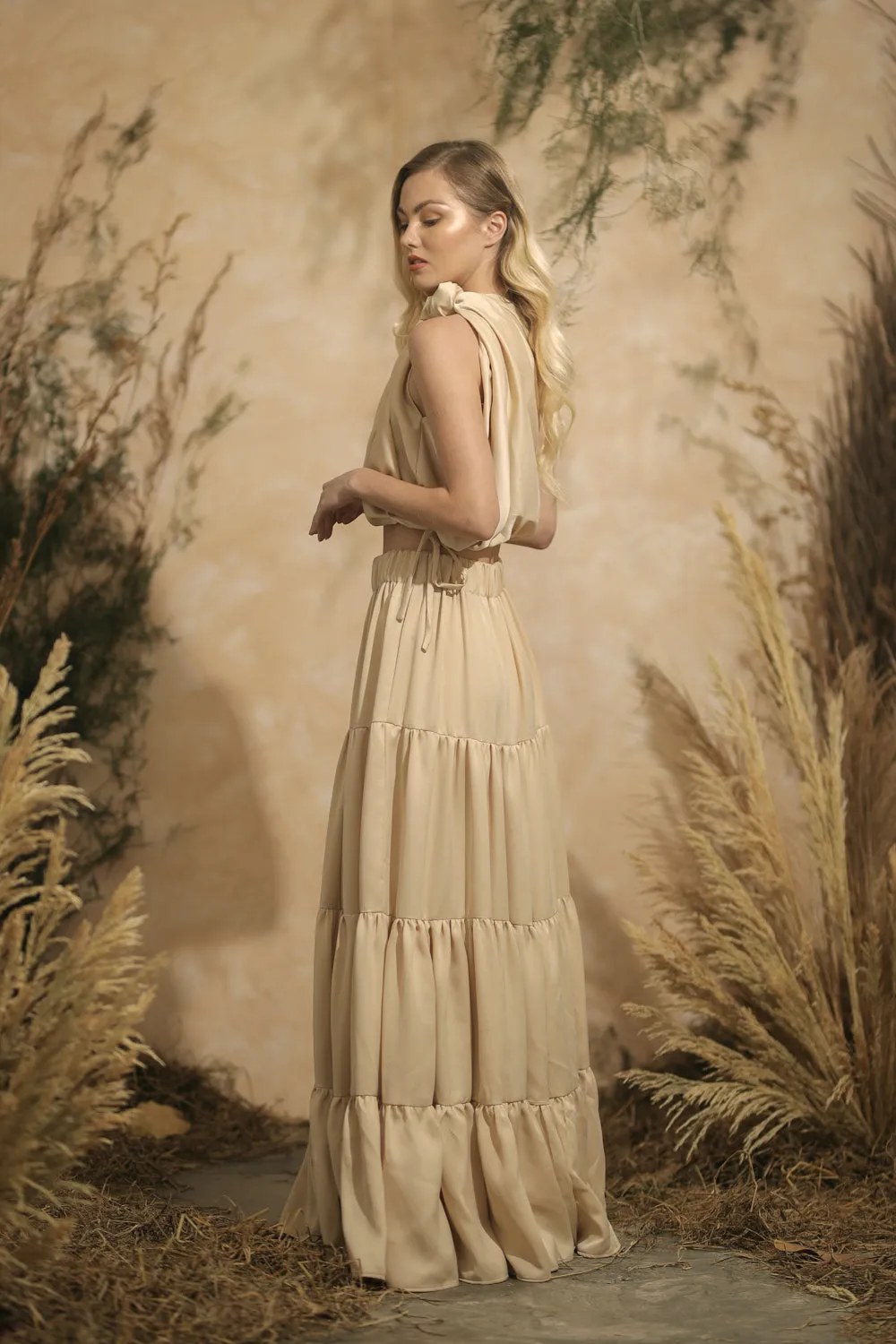 COSTA DEL SOL Twist Top with Four Layer Maxi Skirt  (Nude Italian Silk)