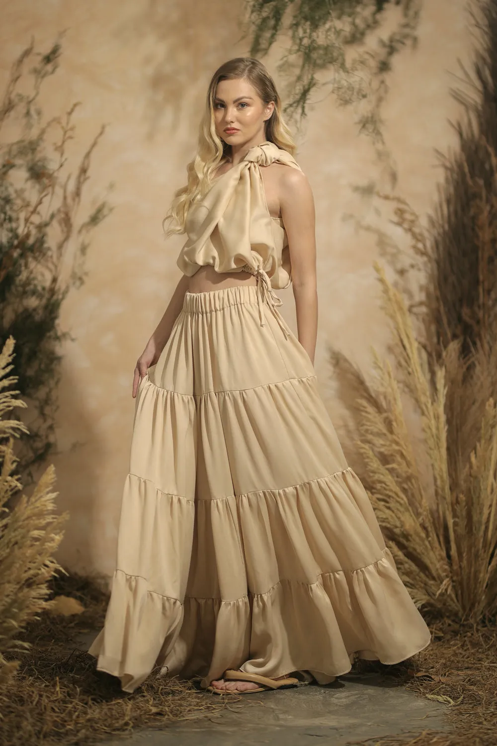 COSTA DEL SOL Twist Top with Four Layer Maxi Skirt  (Nude Italian Silk)