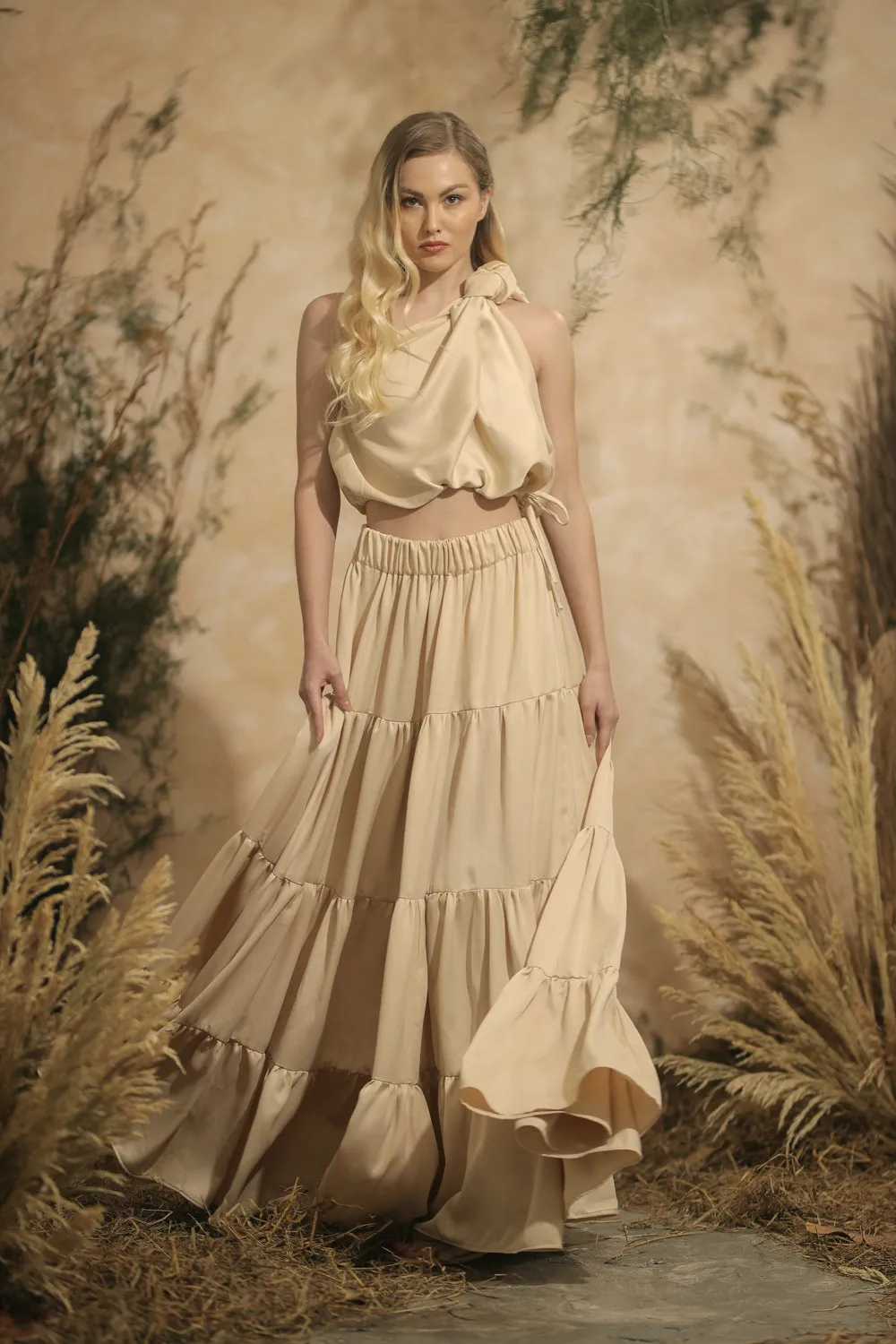 COSTA DEL SOL Twist Top with Four Layer Maxi Skirt  (Nude Italian Silk)