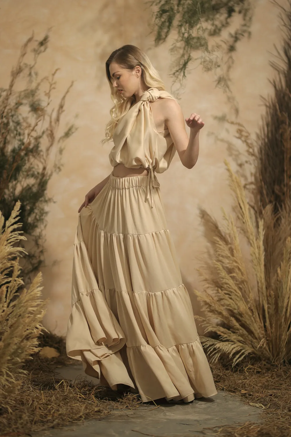 COSTA DEL SOL Twist Top with Four Layer Maxi Skirt  (Nude Italian Silk)