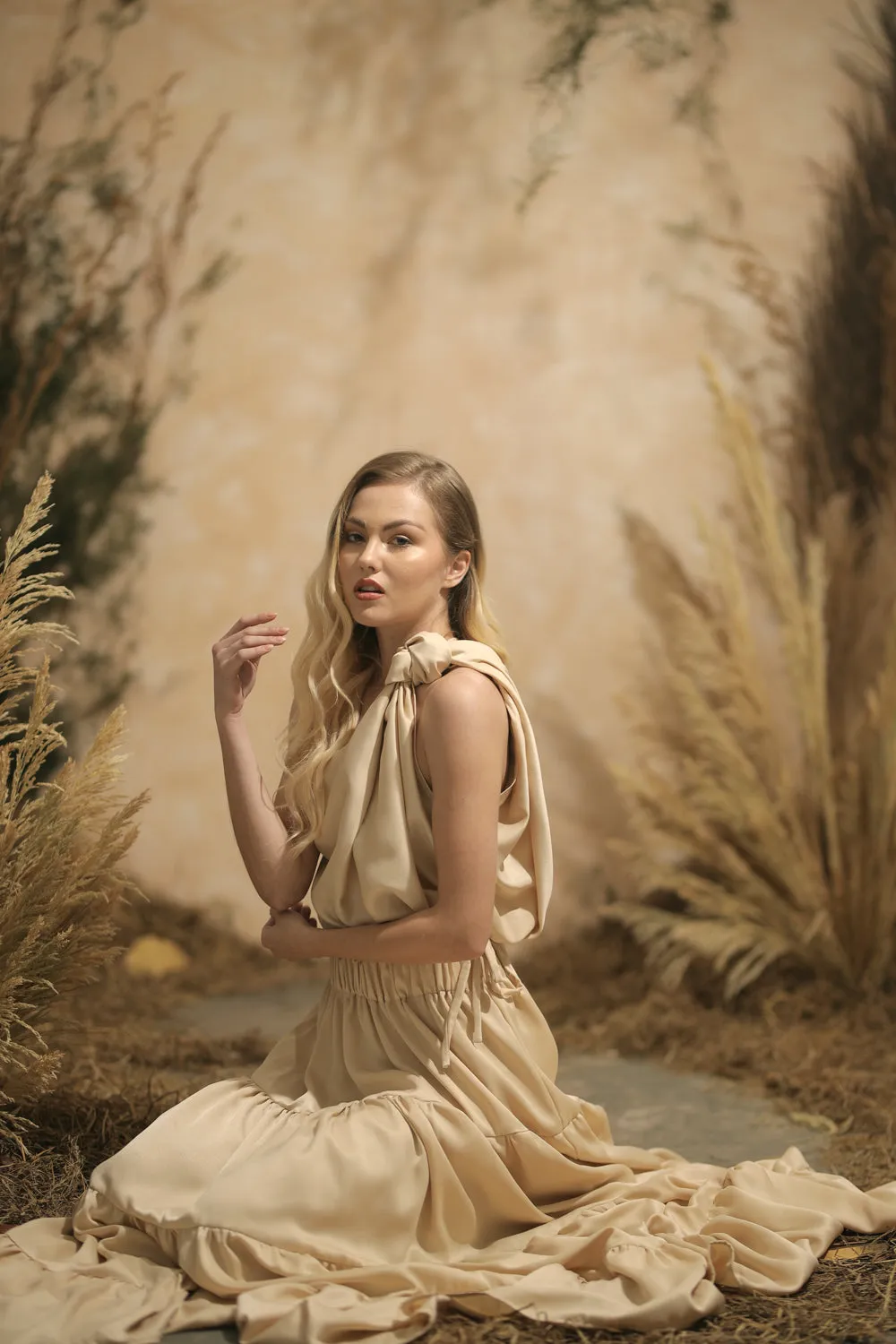 COSTA DEL SOL Twist Top with Four Layer Maxi Skirt  (Nude Italian Silk)