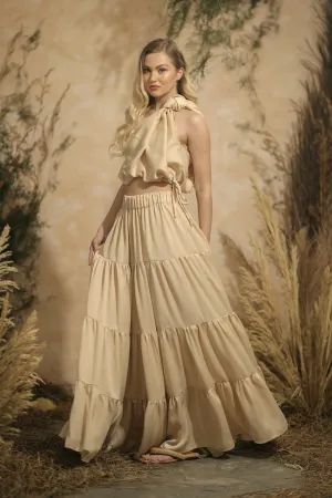 COSTA DEL SOL Twist Top with Four Layer Maxi Skirt  (Nude Italian Silk)