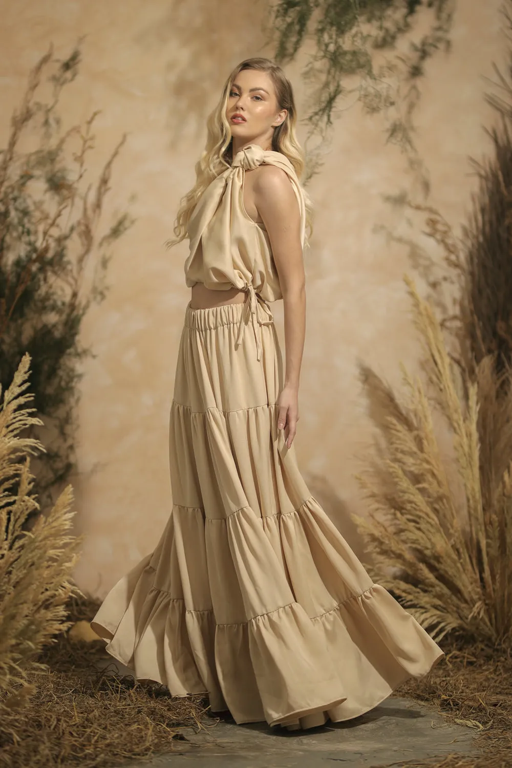 COSTA DEL SOL Twist Top with Four Layer Maxi Skirt  (Nude Italian Silk)