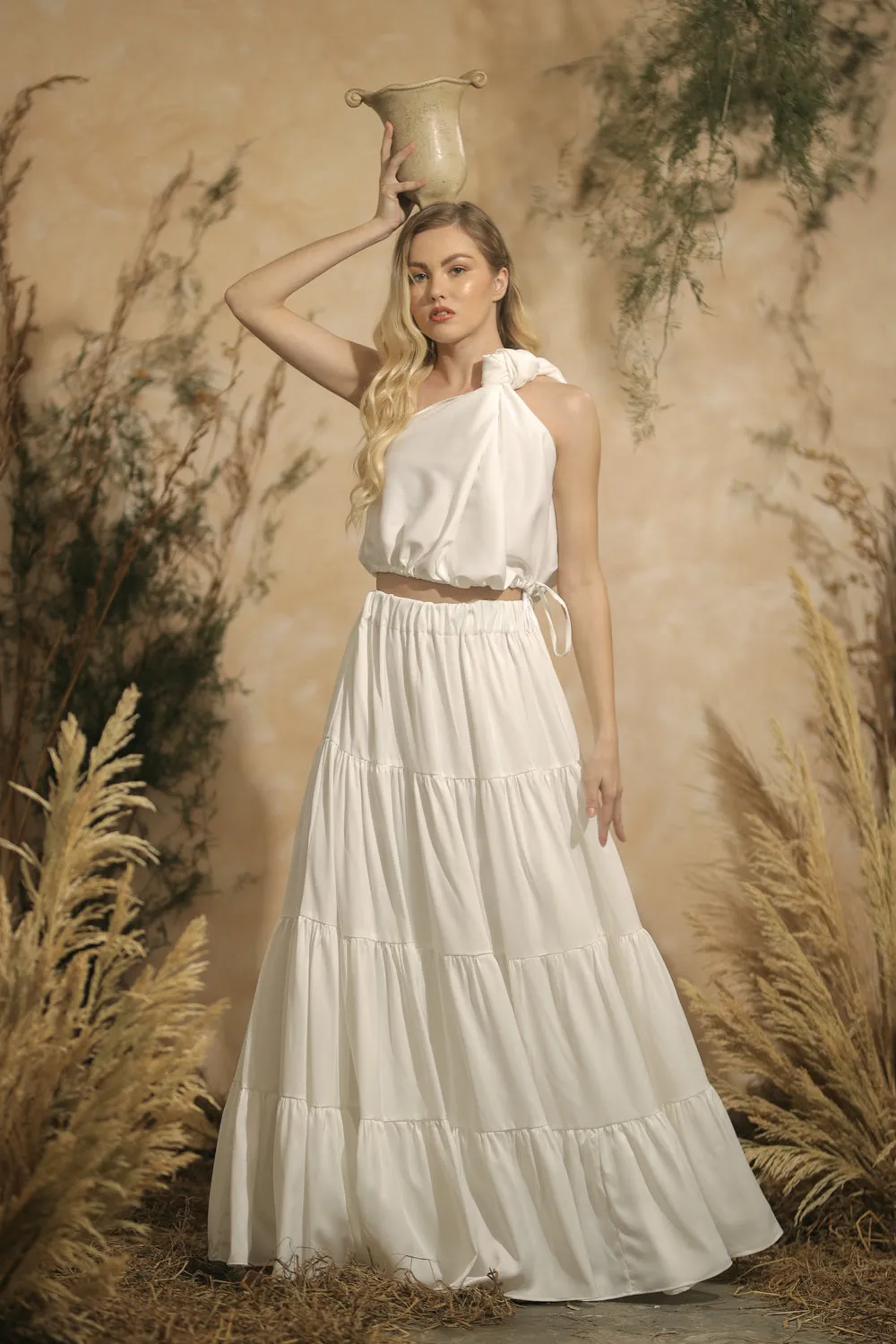 COSTA DEL SOL Twist Top with Four Layer Maxi Skirt  (White Silk)