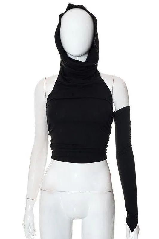 Cropped backless single-sleeve hooded slim top