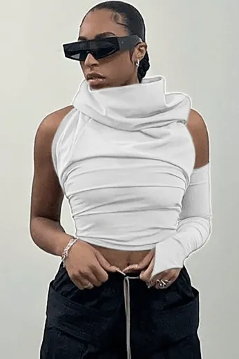 Cropped backless single-sleeve hooded slim top