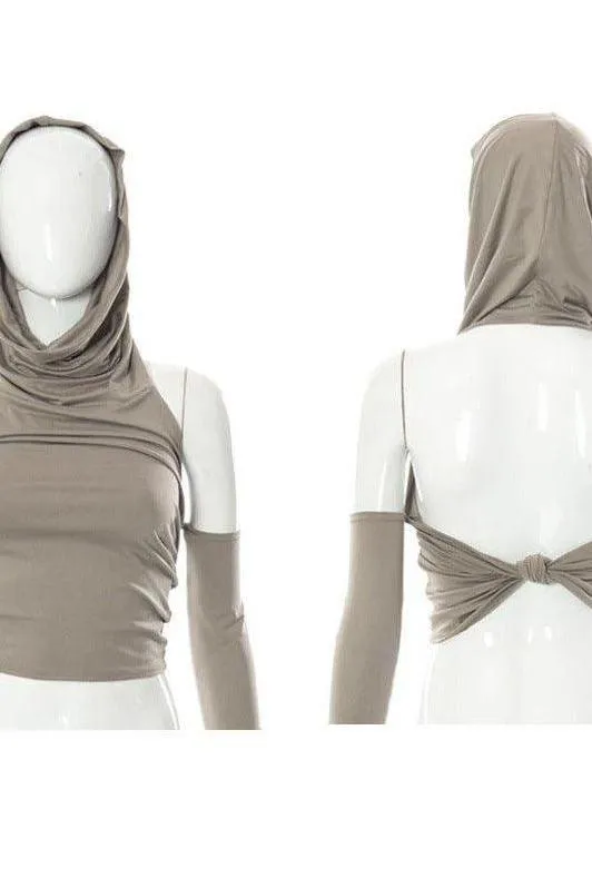 Cropped backless single-sleeve hooded slim top