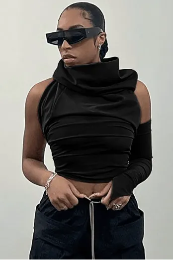 Cropped backless single-sleeve hooded slim top