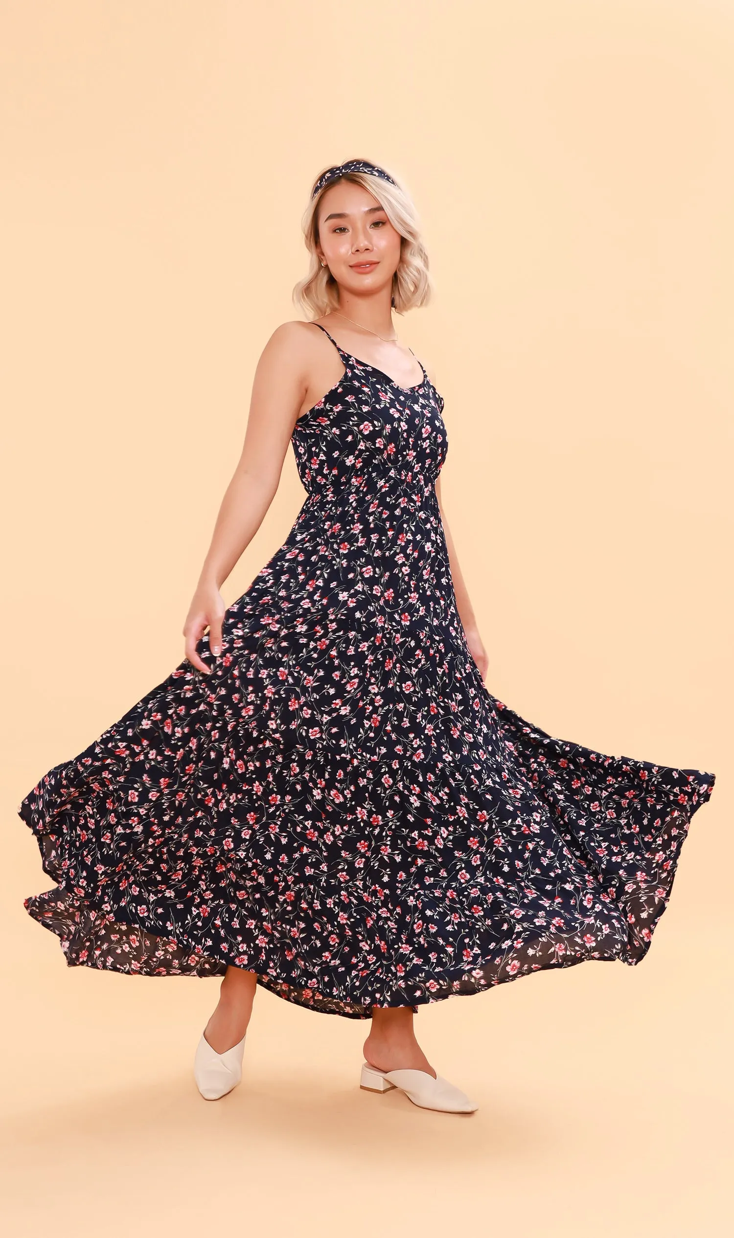 DAHLIA Floral Flowy Dress (Deep Blue)