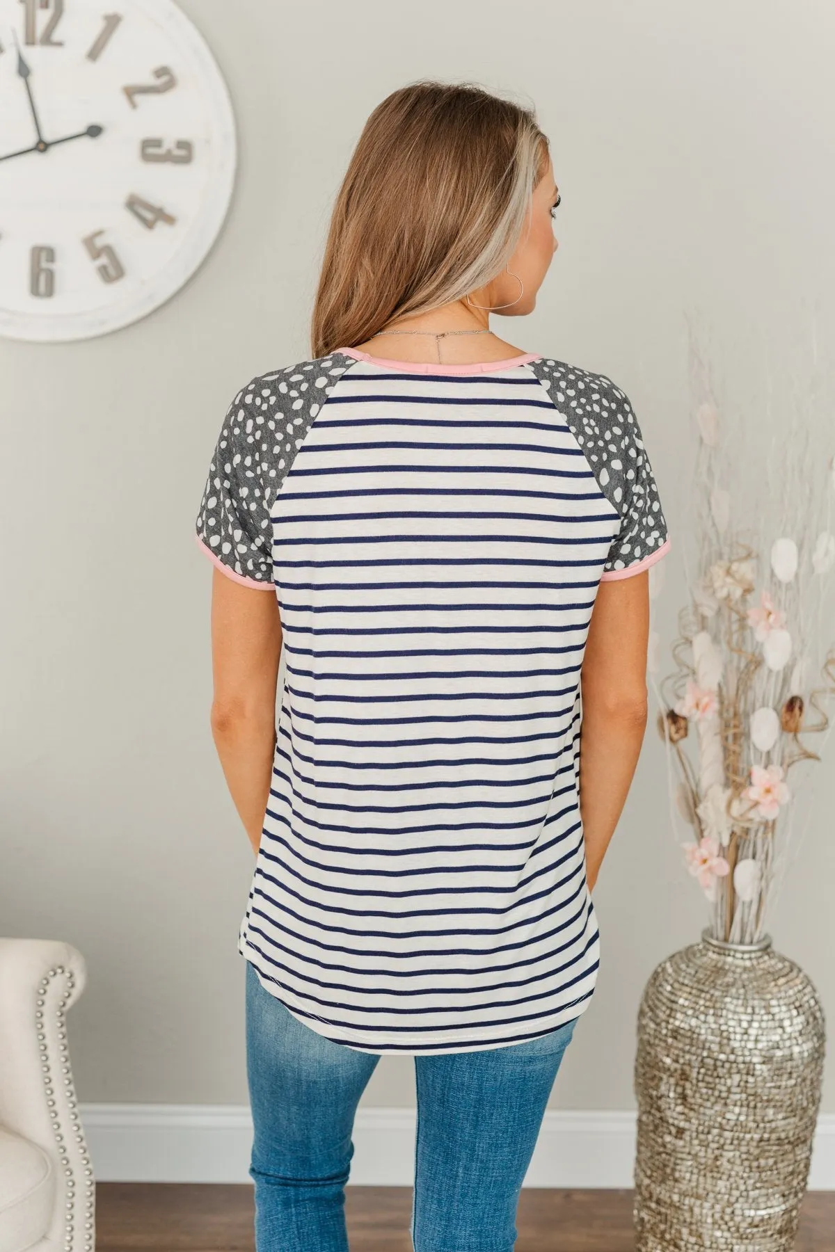 Dare To Be Different Spots & Stripes Top- Ivory, Navy, & Charcoal
