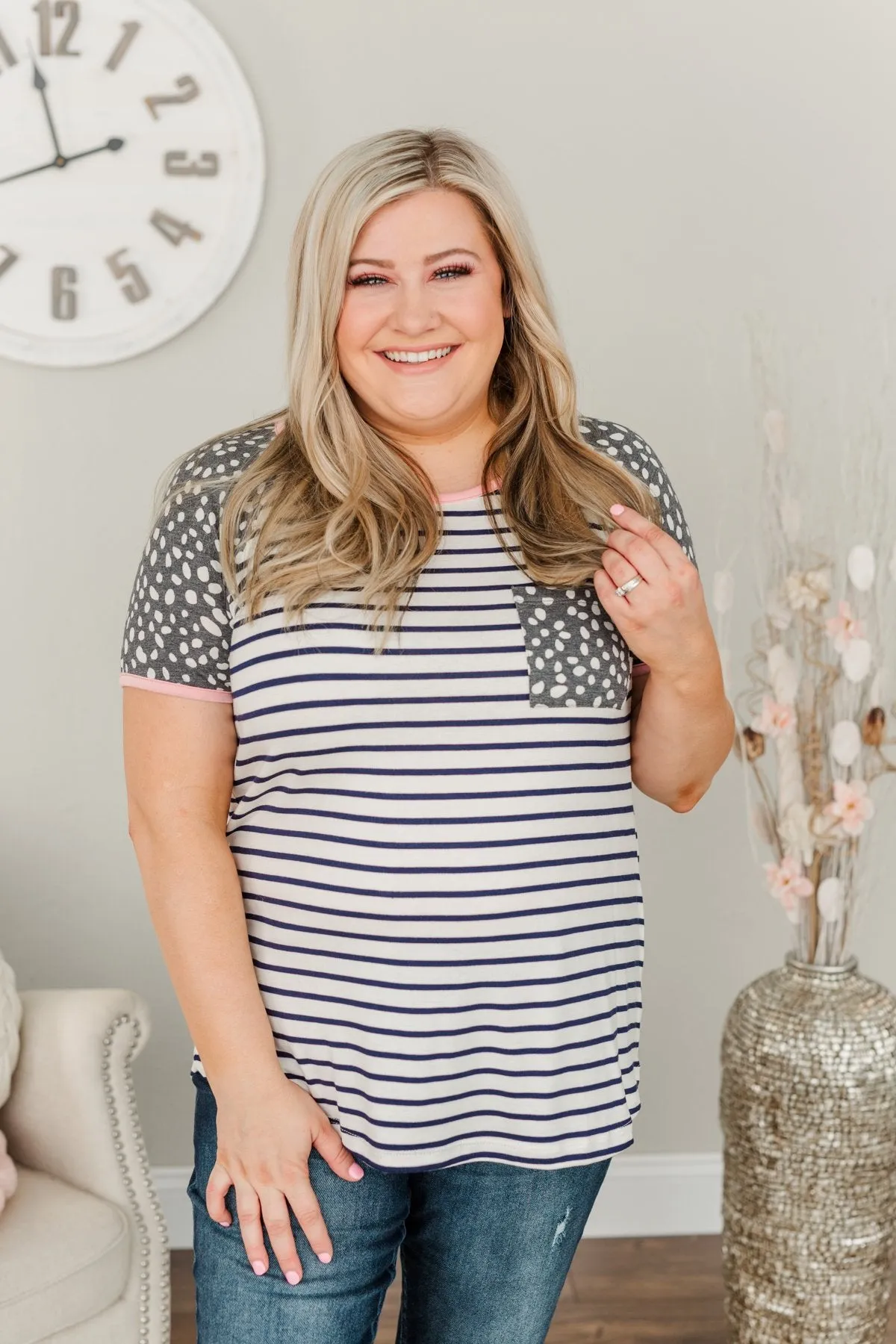 Dare To Be Different Spots & Stripes Top- Ivory, Navy, & Charcoal