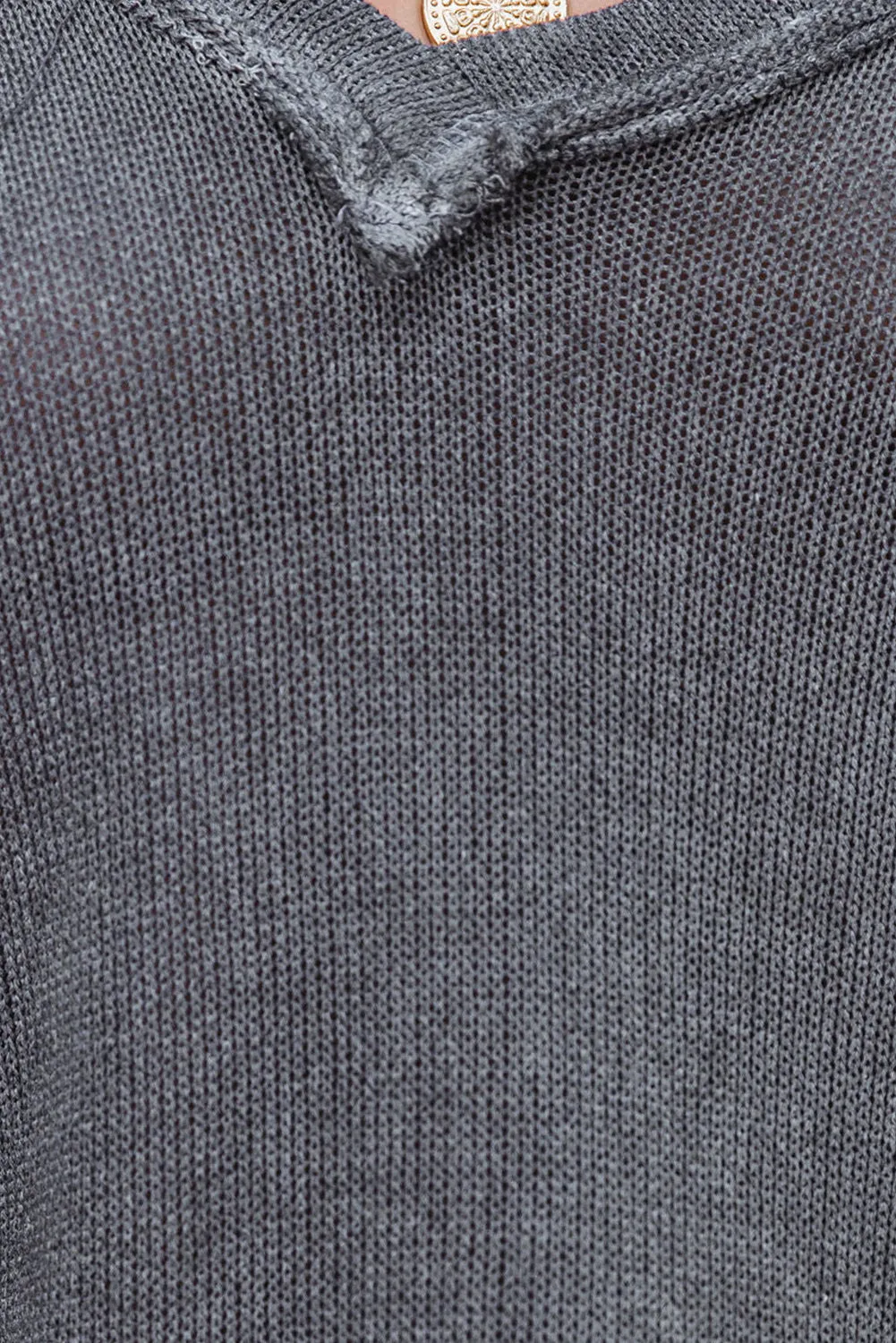 Dark Grey V Neck Puff Sleeve Lightweight Knit Sweater