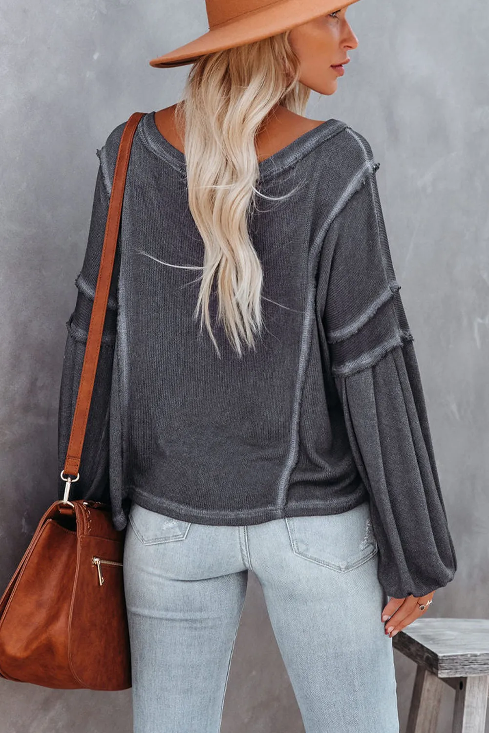 Dark Grey V Neck Puff Sleeve Lightweight Knit Sweater