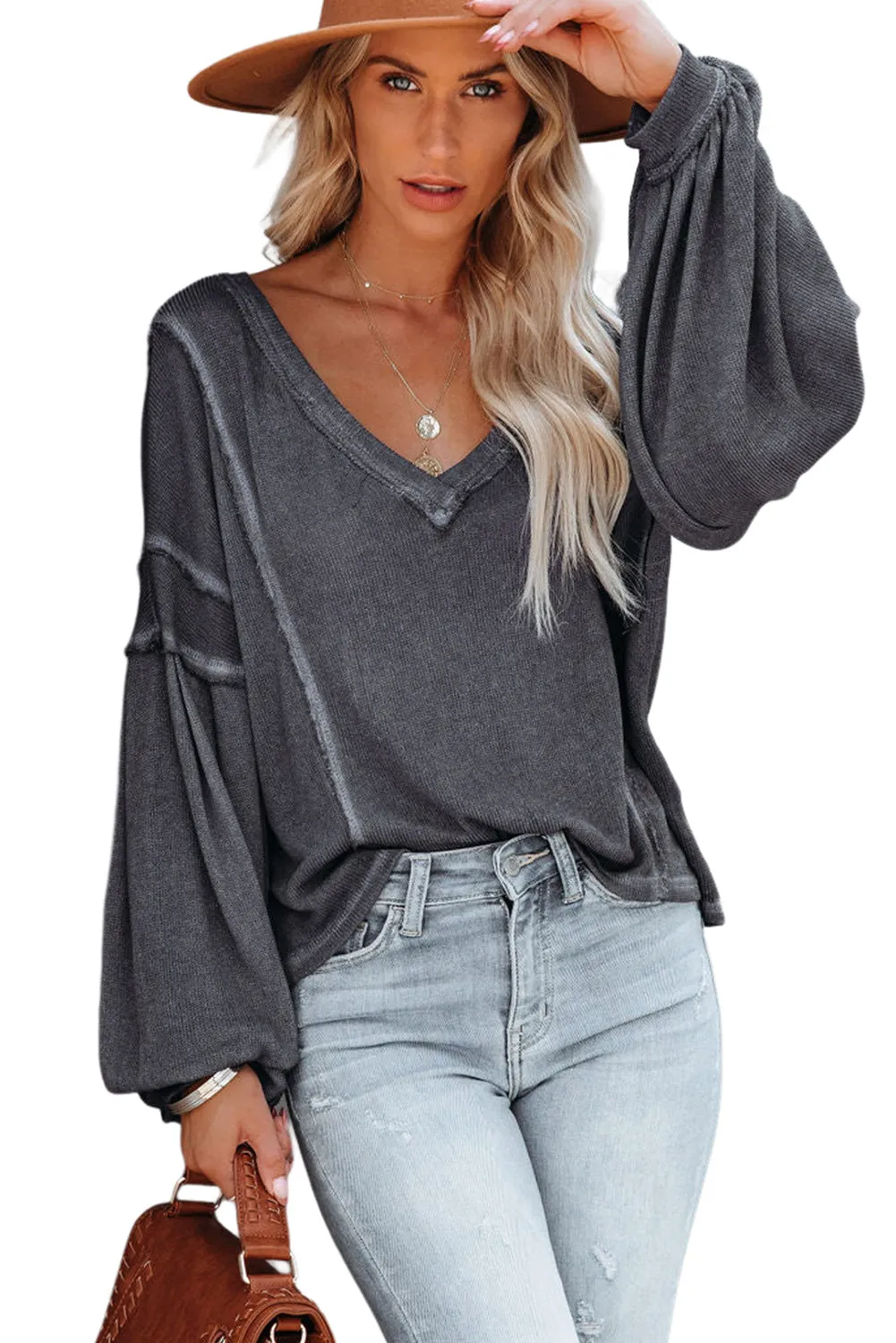 Dark Grey V Neck Puff Sleeve Lightweight Knit Sweater