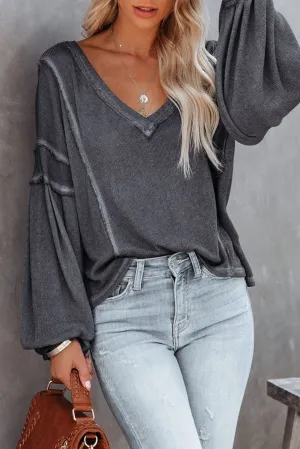 Dark Grey V Neck Puff Sleeve Lightweight Knit Sweater