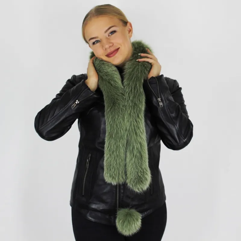 Dark Pistachio colored fox boa   pom-pom