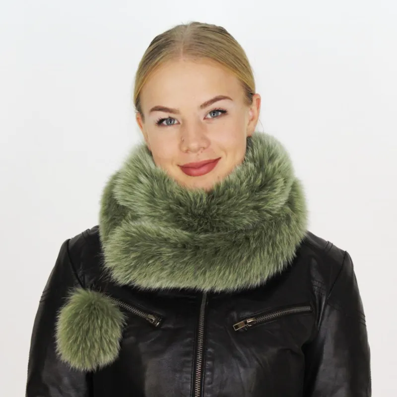 Dark Pistachio colored fox boa   pom-pom