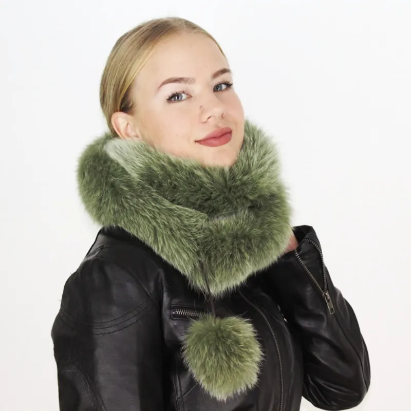 Dark Pistachio colored fox boa   pom-pom