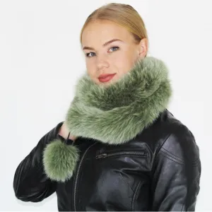Dark Pistachio colored fox boa   pom-pom