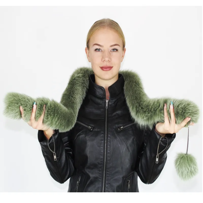Dark Pistachio colored fox boa   pom-pom