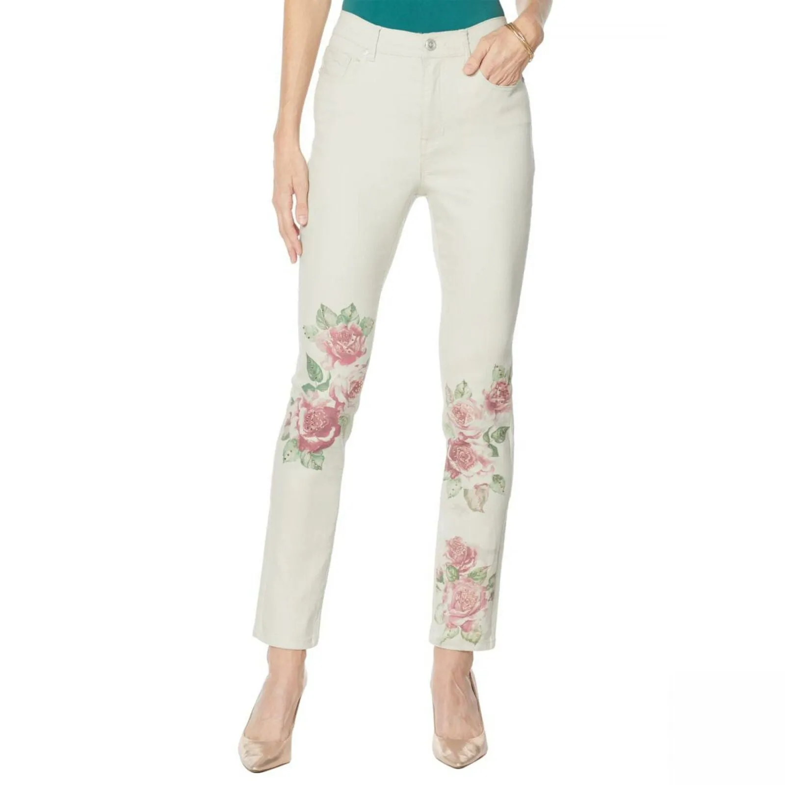 DG2 by Diane Gilman Classic Stretch Artwork Printed Jeans Khaki 6 Tall