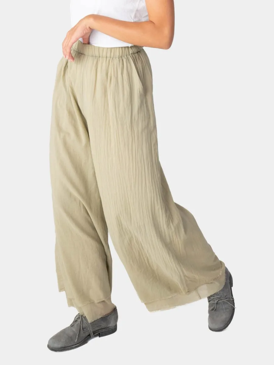 Elastic Waist Layered Hem Palazzo Organic Cotton Trousers