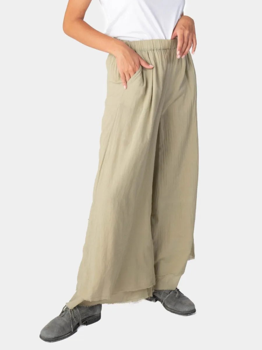 Elastic Waist Layered Hem Palazzo Organic Cotton Trousers