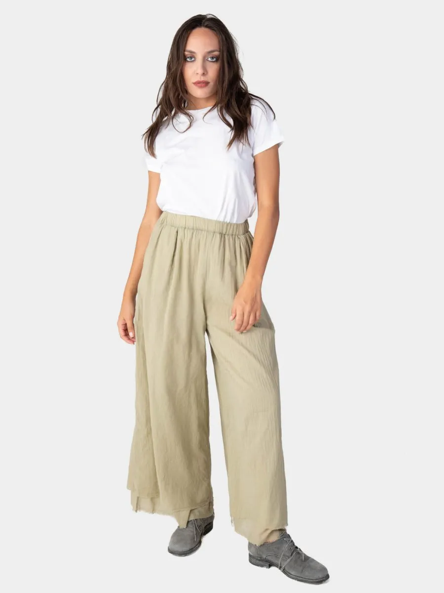 Elastic Waist Layered Hem Palazzo Organic Cotton Trousers