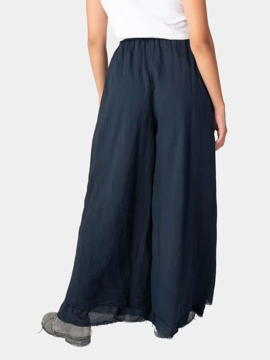 Elastic Waist Layered Hem Palazzo Organic Cotton Trousers