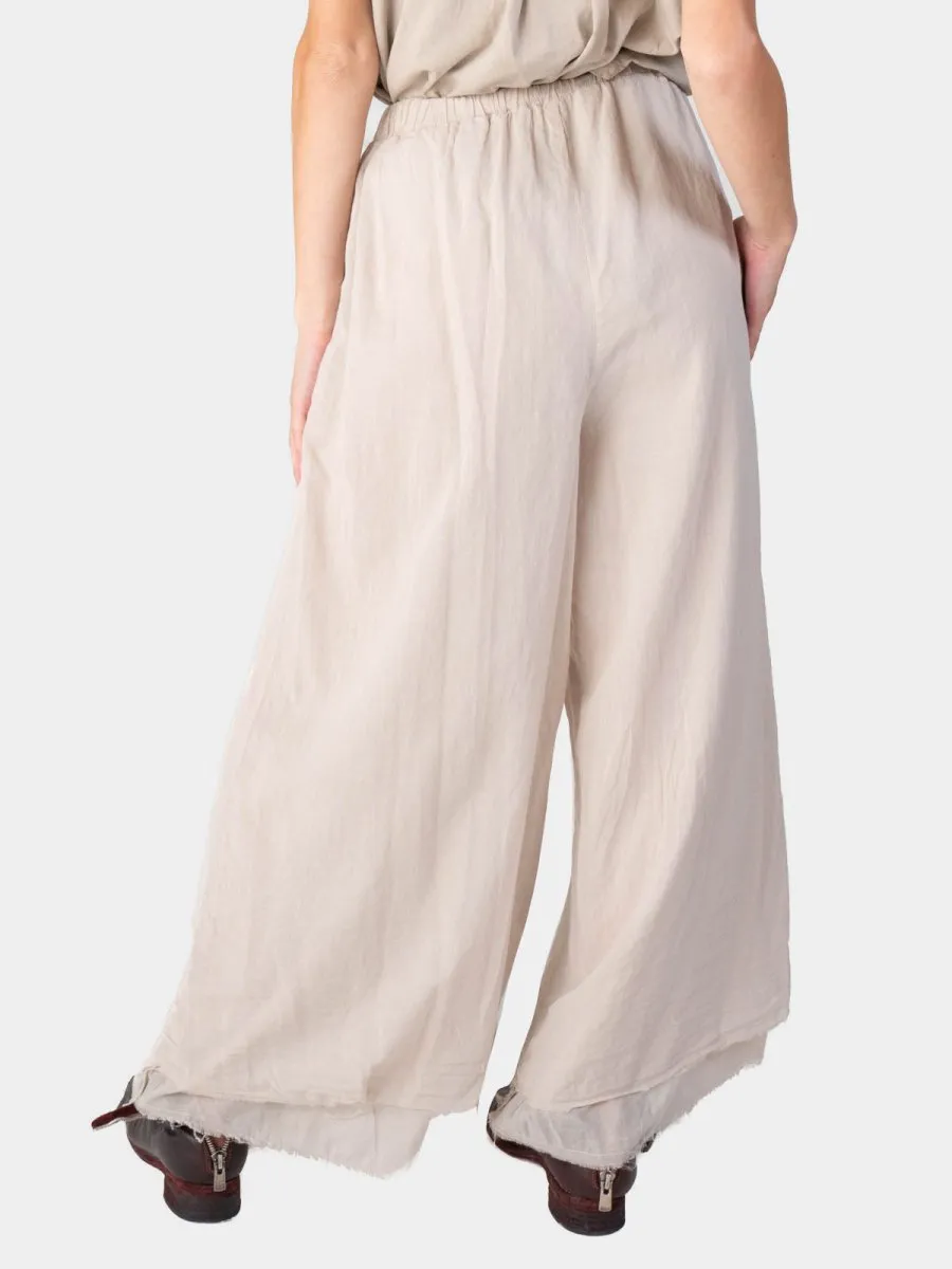 Elastic Waist Layered Hem Palazzo Organic Cotton Trousers