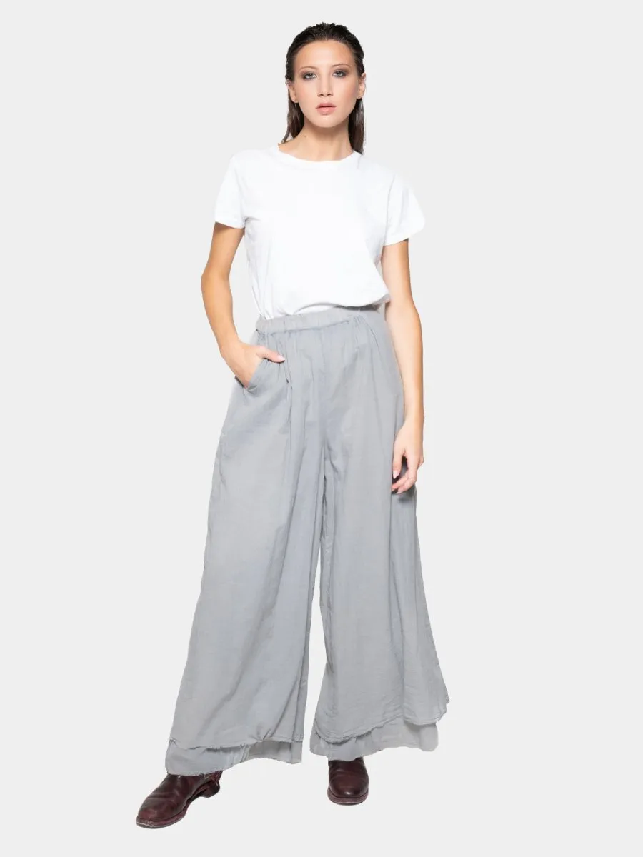 Elastic Waist Layered Hem Palazzo Organic Cotton Trousers