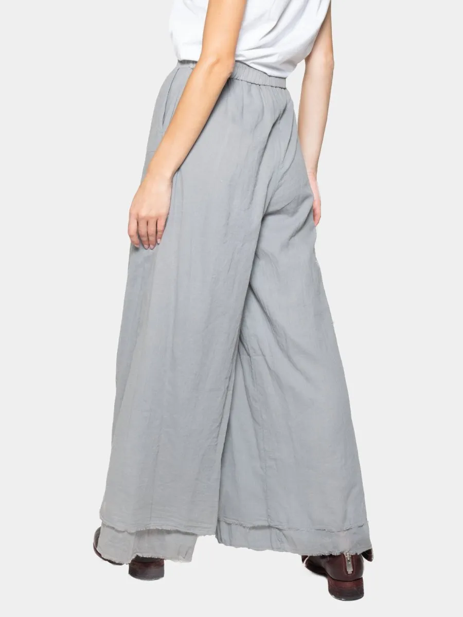 Elastic Waist Layered Hem Palazzo Organic Cotton Trousers