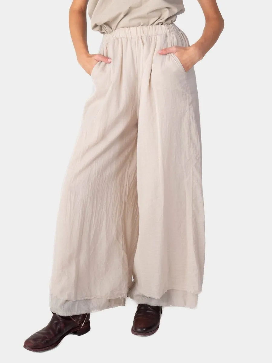 Elastic Waist Layered Hem Palazzo Organic Cotton Trousers