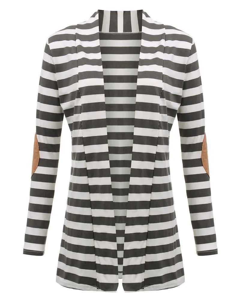 Elbow Patch Long Sleeve Striped Cardigan