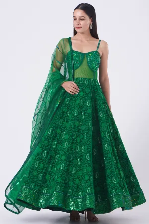 Embroidered Emerald Green Skirt Set In Satin