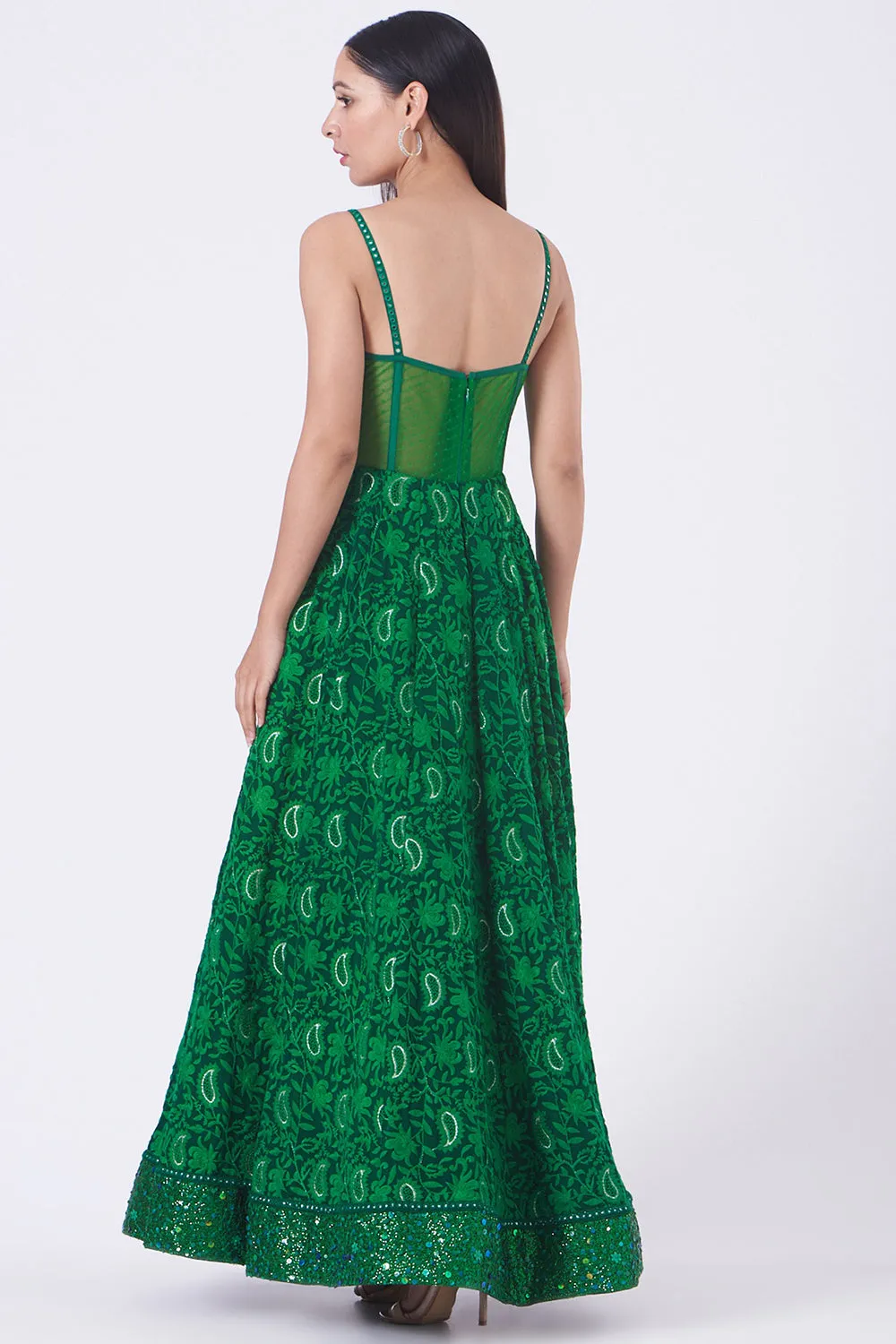 Embroidered Emerald Green Skirt Set In Satin
