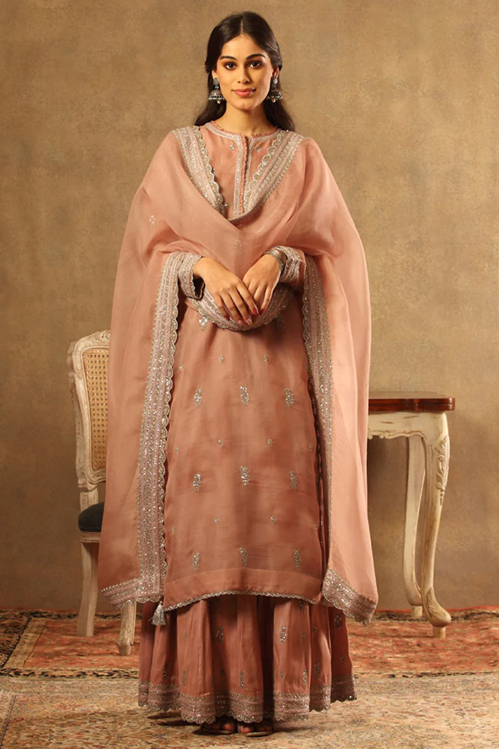 Embroidered Pink Pure Silk Organza Sharara Set