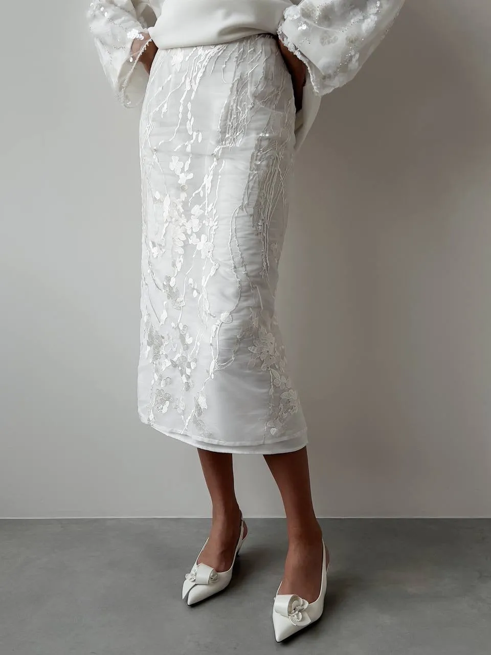 Embroidered White Midi Skirt