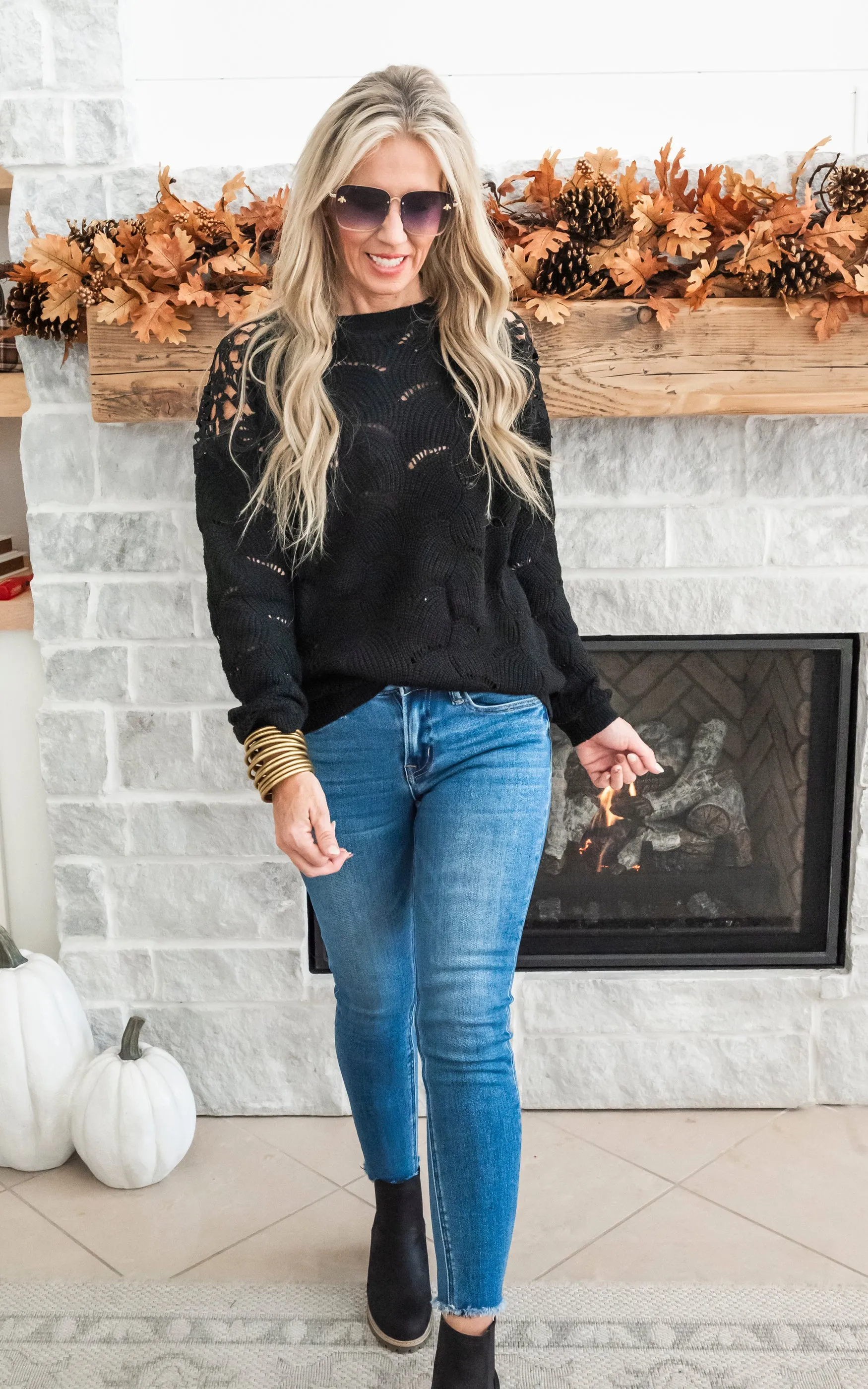 Enjoying My Now Wavy Knit Sweater w/ Lace - Black - Final Sale