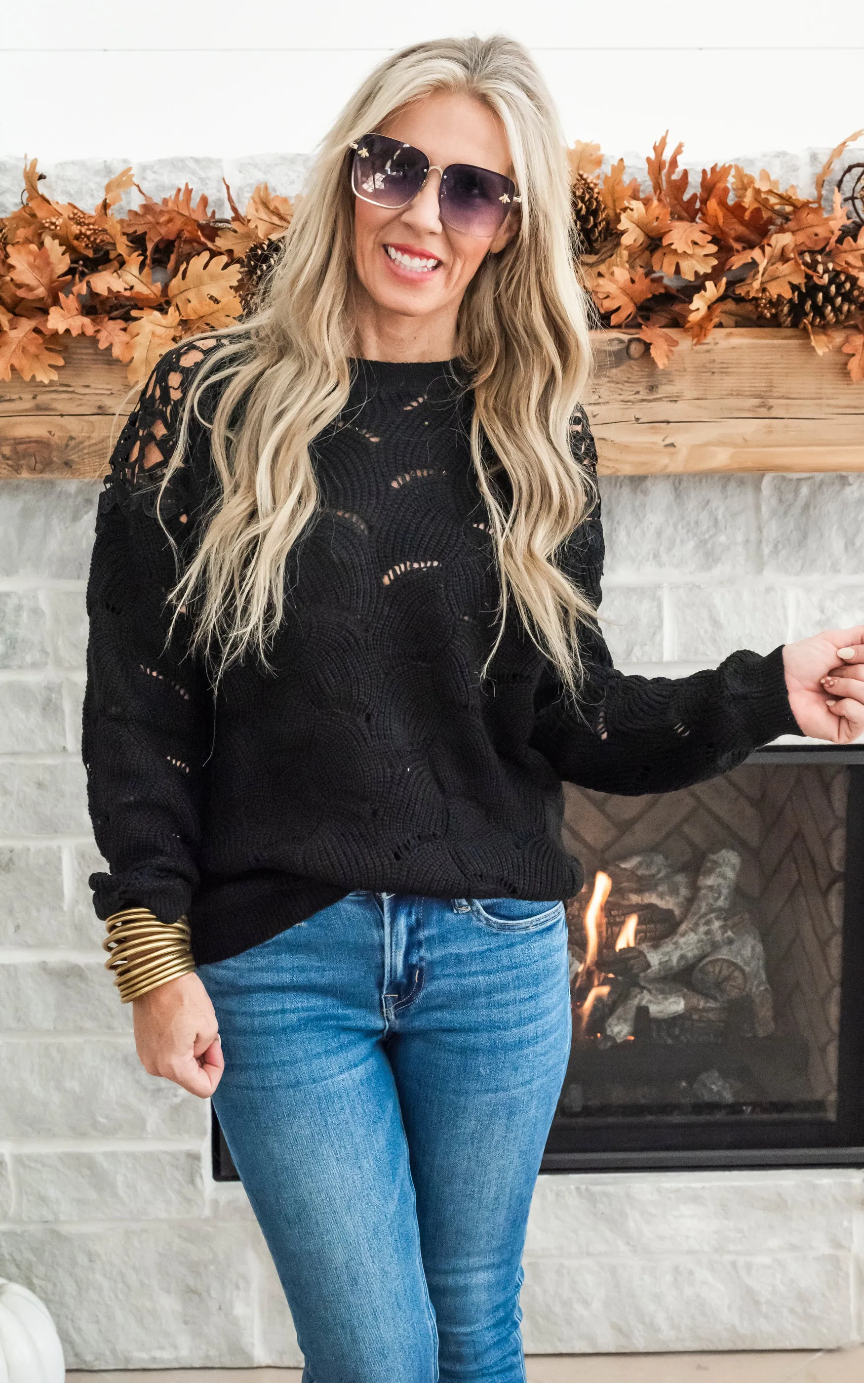Enjoying My Now Wavy Knit Sweater w/ Lace - Black - Final Sale