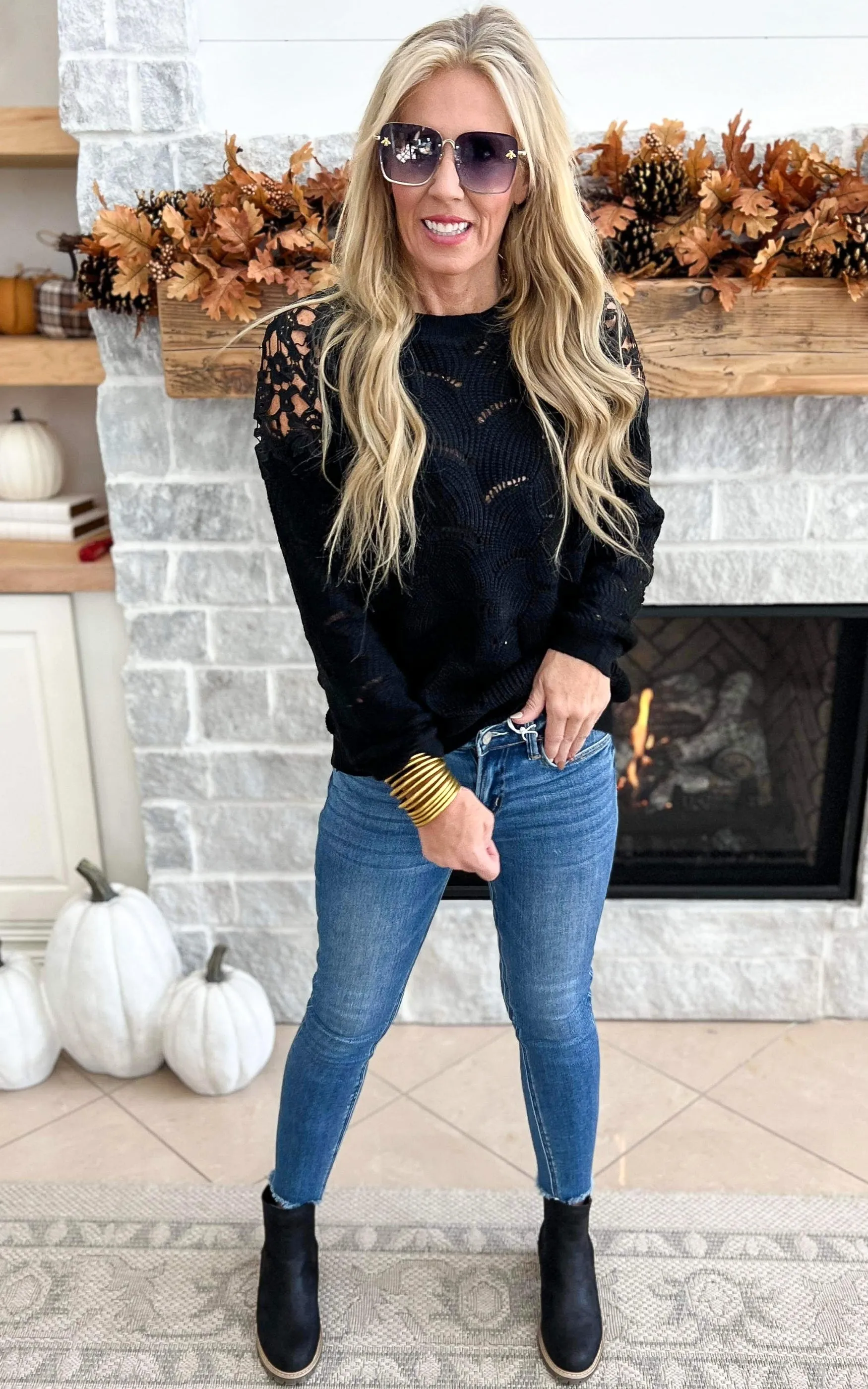 Enjoying My Now Wavy Knit Sweater w/ Lace - Black - Final Sale