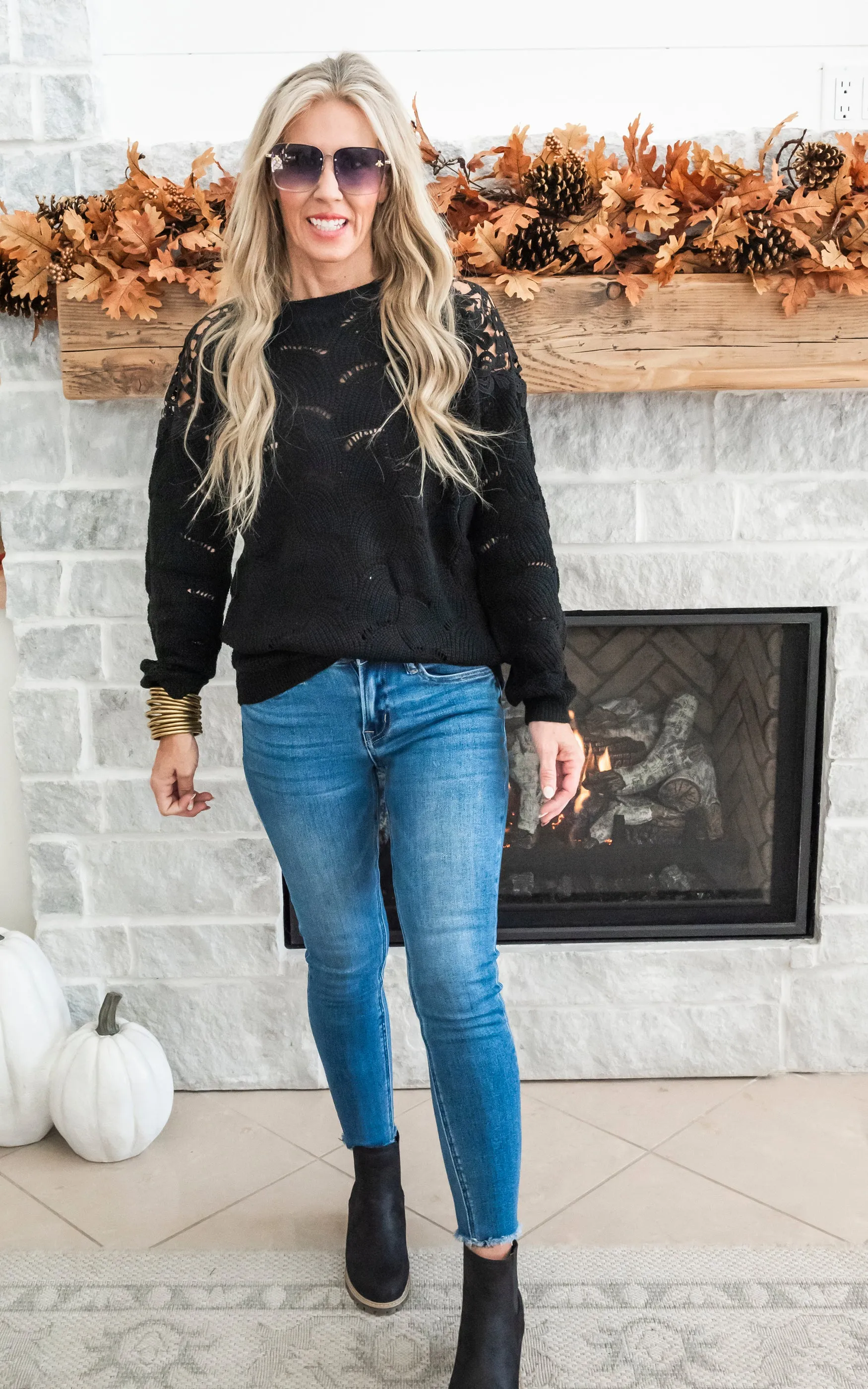 Enjoying My Now Wavy Knit Sweater w/ Lace - Black - Final Sale
